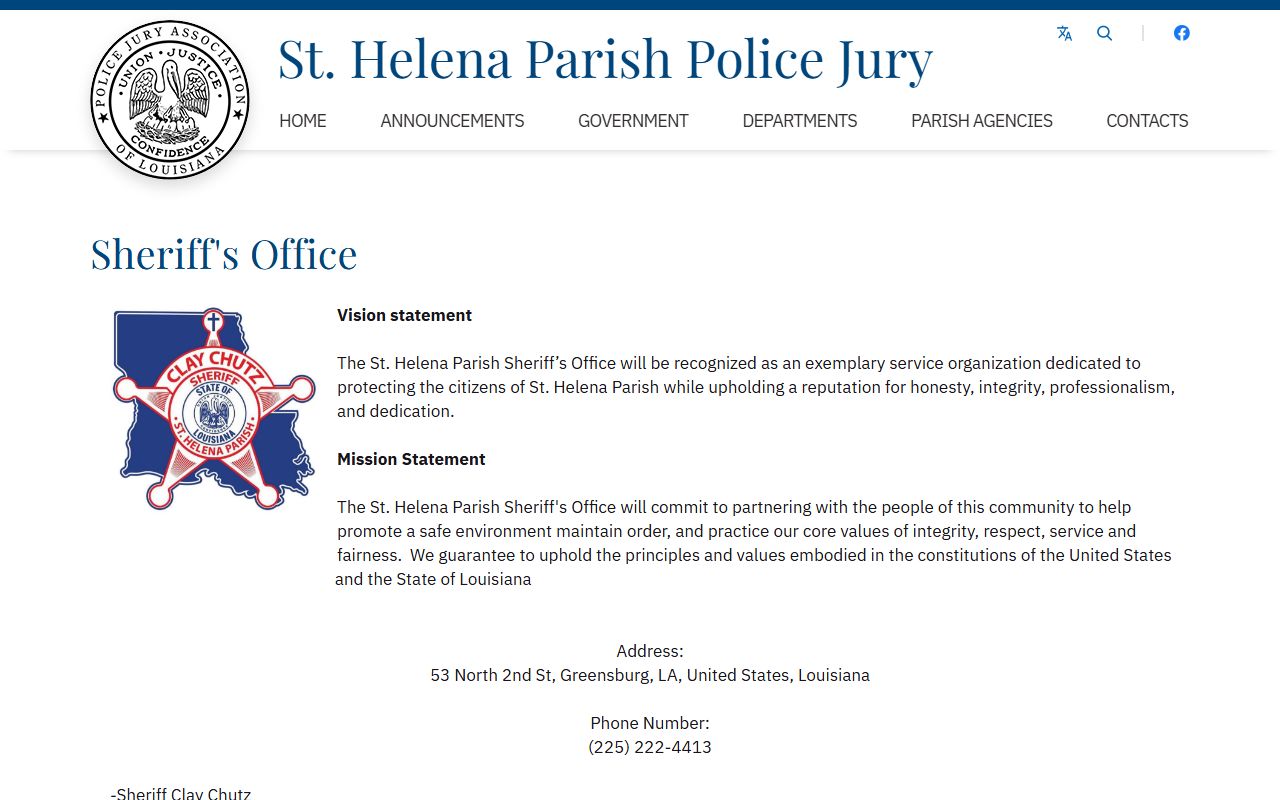 St. Helena Parish Sheriff's Office page for jail inmate lookup context